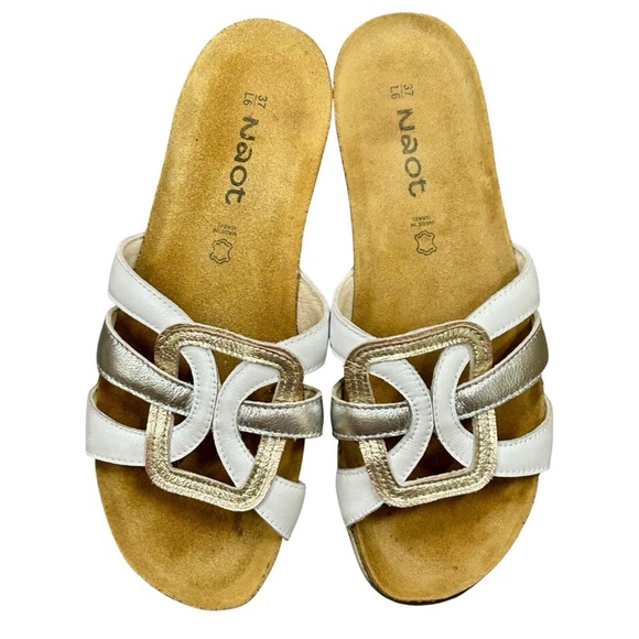 Naot Leather Slide Sandals – White & Metallic Gold – Size 37 (US 6) - Picture 1 of 8